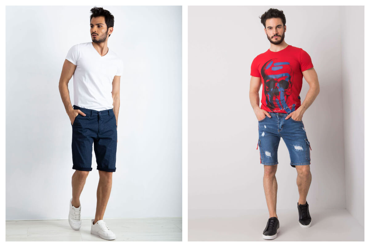 Letnia stylizacja dla meżczyzny z szortami jeansowymi i szortami